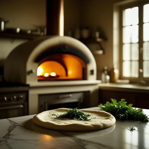 Márványasztalon friss pizza tésztája zöld petrezselyemmel, a háttérben égő kenyérsütő kemence a konyhában.