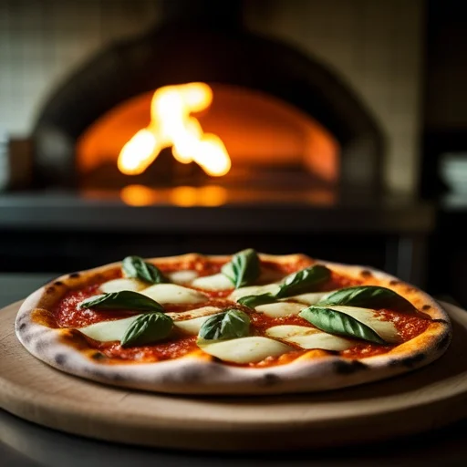 Klasszikus Margherita pizza mozzarella és friss bazsalikom levelekkel a fa tüzelésű kemence előtt.